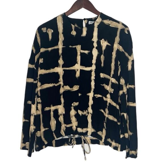 Zara Black Cream Geometric Print Long Sleeve Drawstring Hem Top - Picture 2 of 8